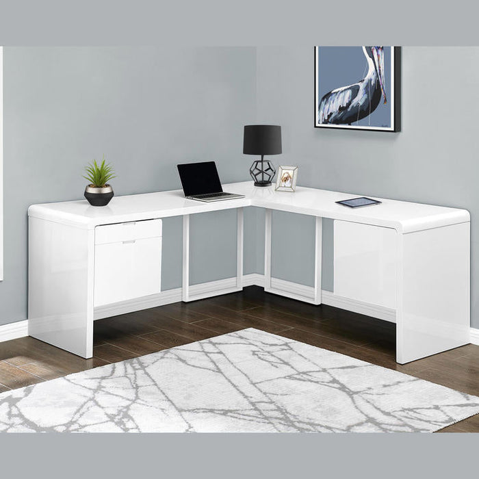 Monarch Specialties I 7582 | Meuble d'ordinateur - 70" - En coin - Conception en L - Configuration réversible - Avec tiroirs - Fini blanc lustré-Sonxplus St-Sauveur