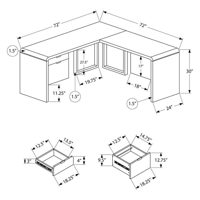 Monarch Specialties I 7582 | Meuble d'ordinateur - 70" - En coin - Conception en L - Configuration réversible - Avec tiroirs - Fini blanc lustré-Sonxplus St-Sauveur