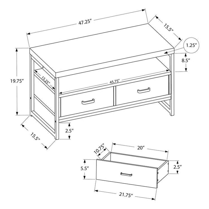 Monarch Specialties I 2871 | Meuble TV - 48" - 2 Tiroirs de rangement - Métal noir - Imitation bois Gris-Sonxplus St-Sauveur